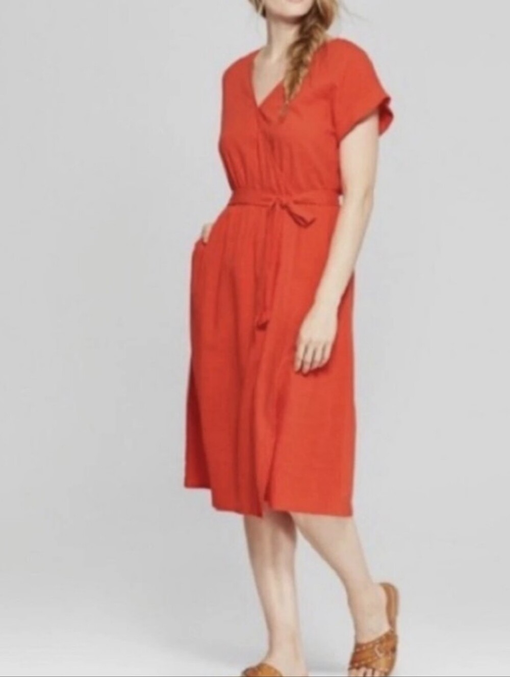 Universal Thread Red Faux Wrap Linen Blend Midi Length Dress Tie Waist Size S